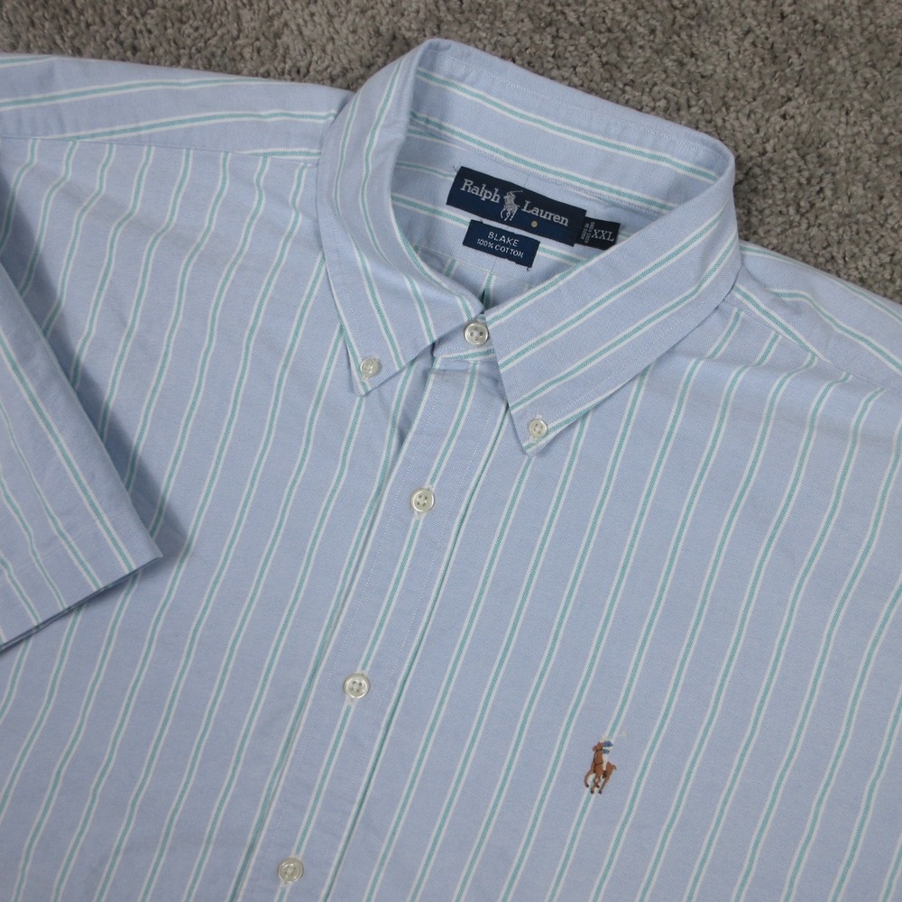 Vintage Ralph Lauren Shirt Mens 2XL Blue Striped Oxford Cloth Flesh Pony Button